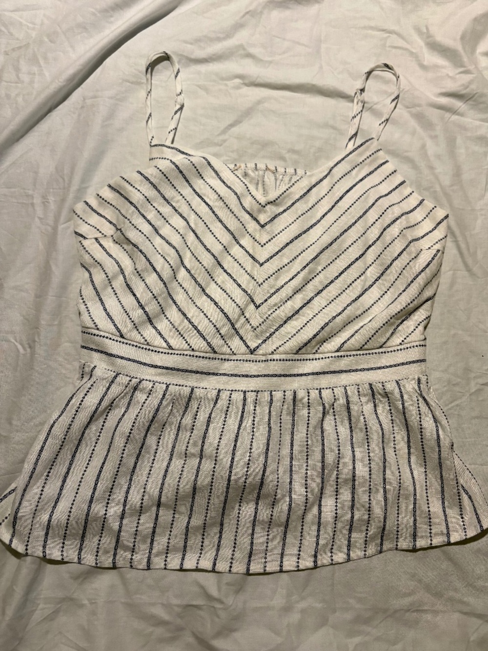 Monteau Los Angeles Striped Cami Peplum Top Linen Blend Blue White Boho